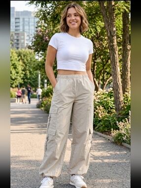 Zara Light Beige Cargo Pants with Elastic Waist & Ankle
